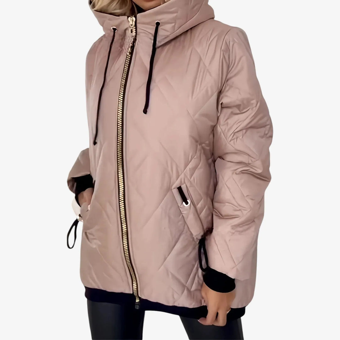 Women's Long Quilted Winter Jacket with Hood and Zip-Up