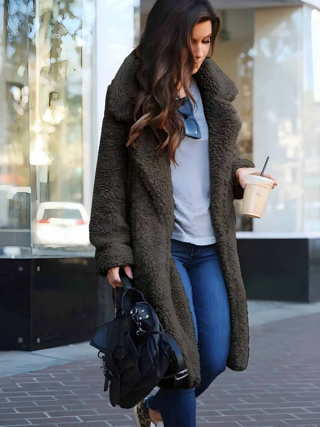 Women's Long Teddy Coat with Open Front