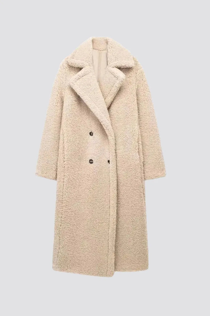 Women's Long Teddy Winter Jacket with Double Breasted