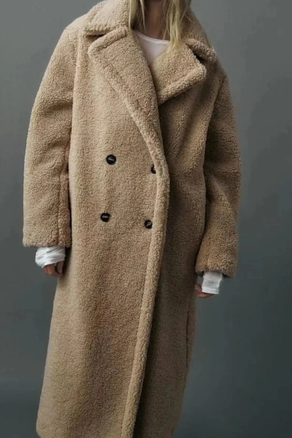 Women's Long Teddy Winter Jacket with Double Breasted