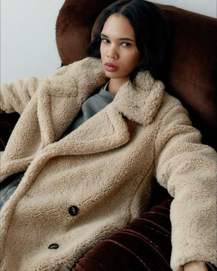 Women's Long Teddy Winter Jacket with Double Breasted