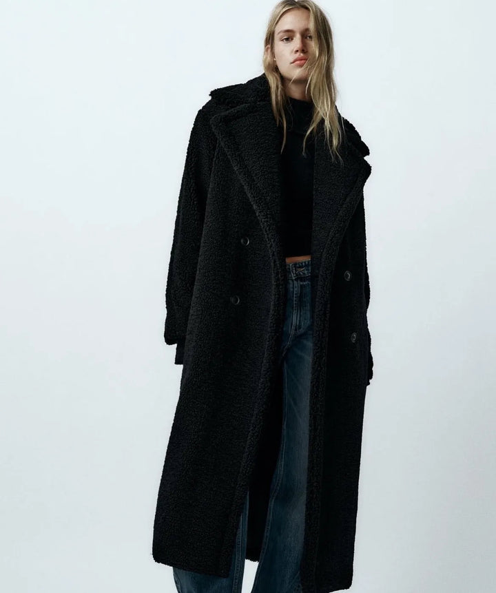 Women's Long Teddy Winter Jacket with Double Breasted