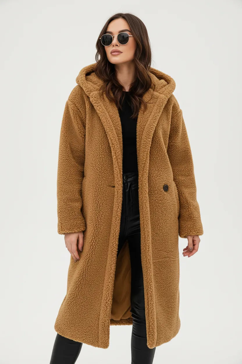 Women's Longline Fluffy Teddy Coat with Hood