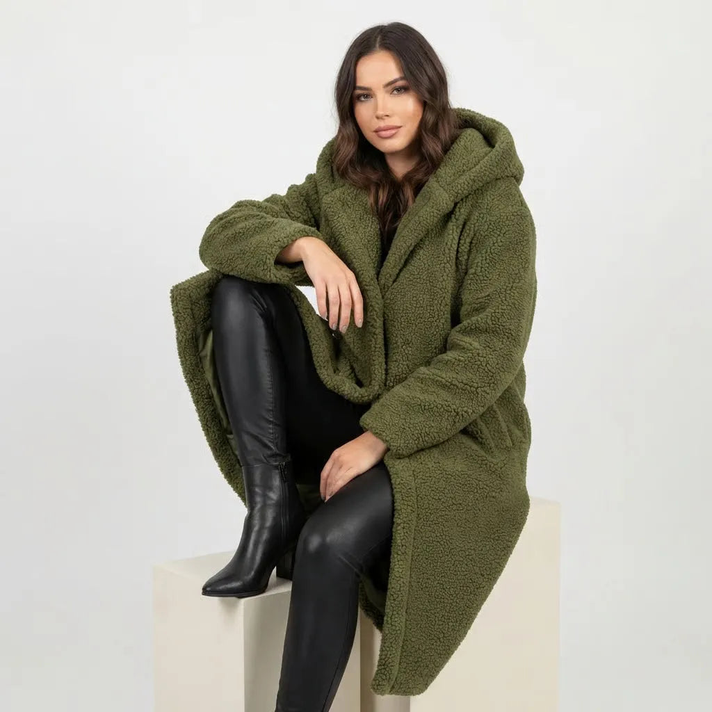 Women's Longline Fluffy Teddy Coat with Hood