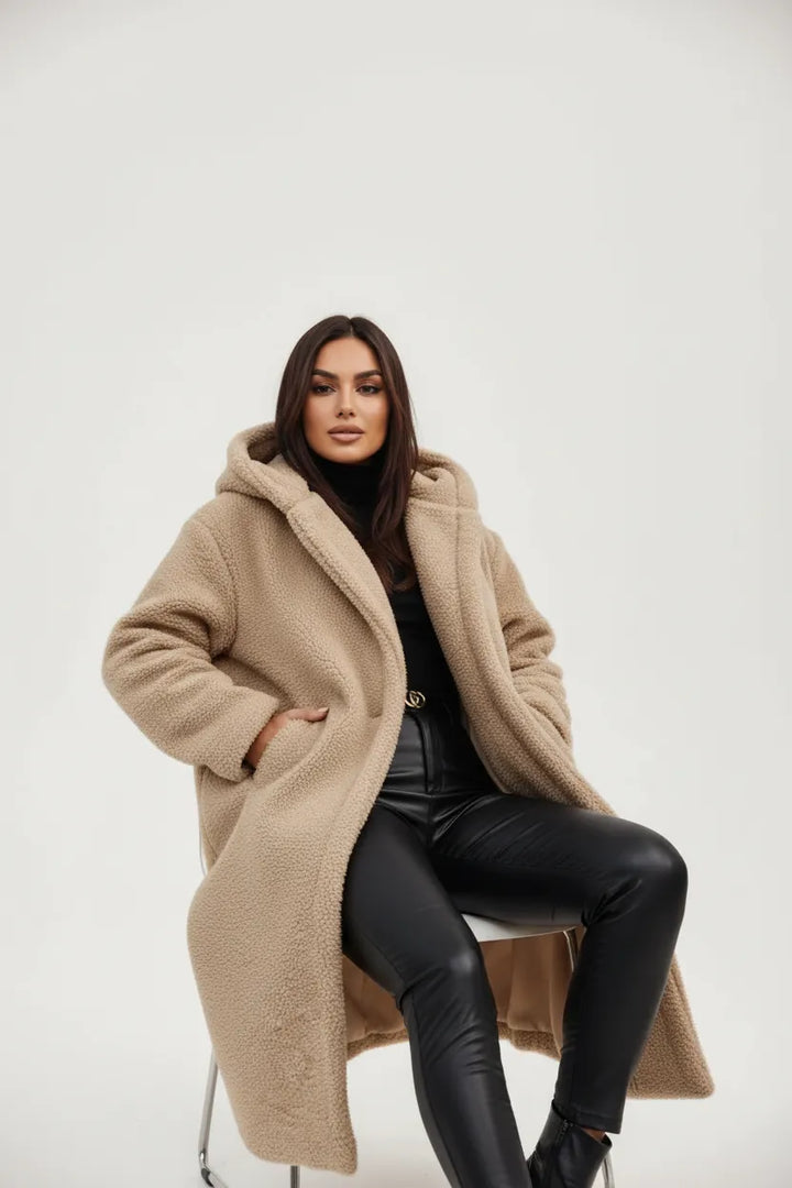 Women's Longline Fluffy Teddy Coat with Hood