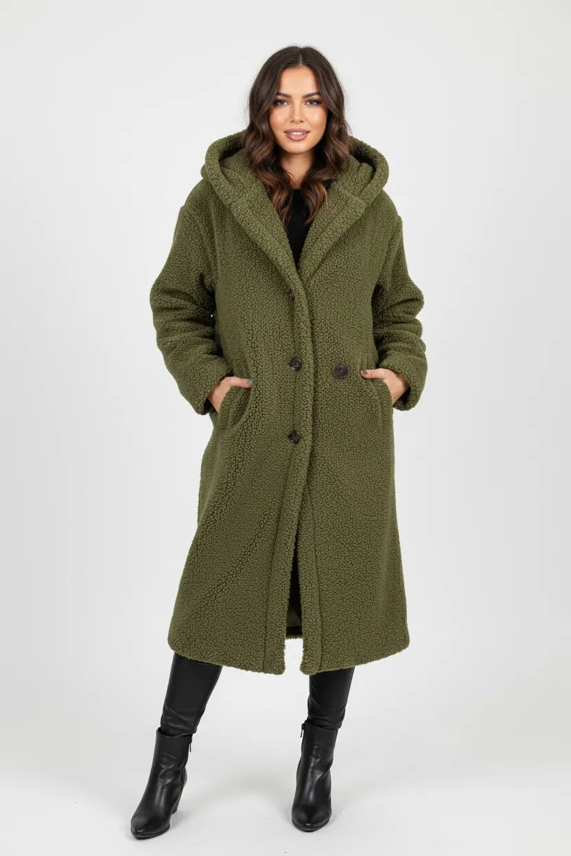 Women's Longline Fluffy Teddy Coat with Hood