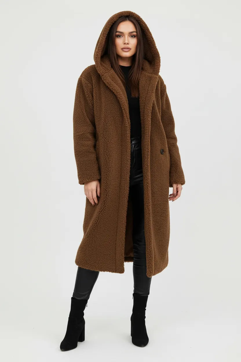 Women's Longline Fluffy Teddy Coat with Hood