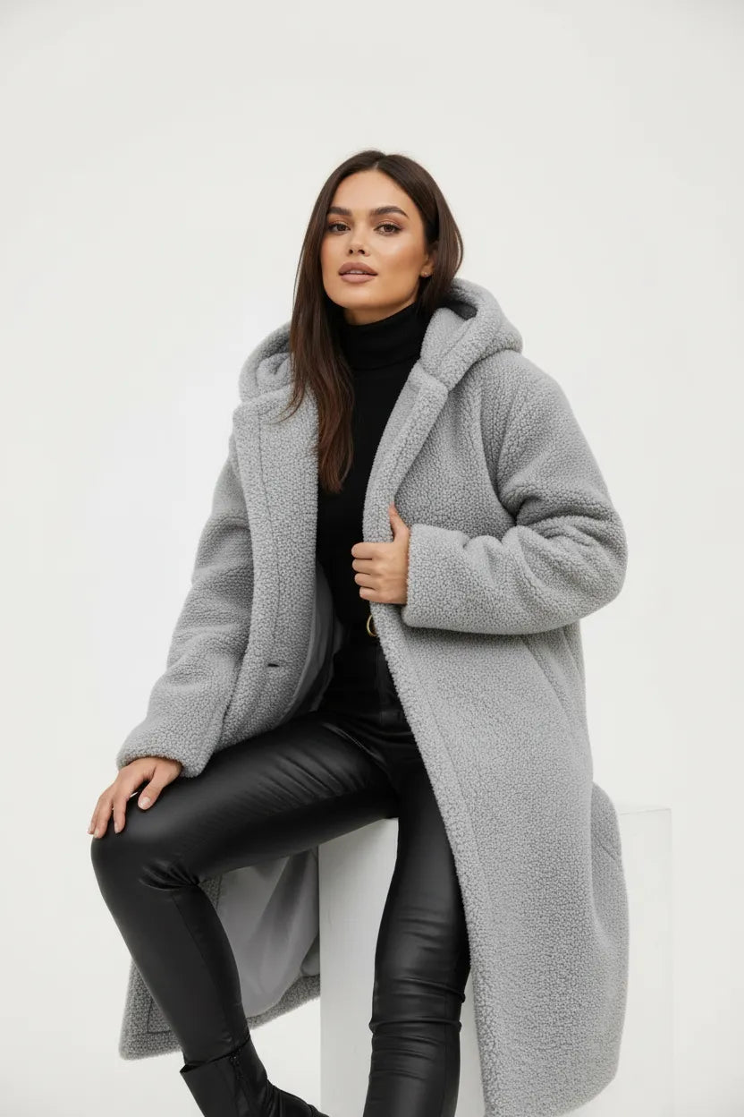 Women's Longline Fluffy Teddy Coat with Hood