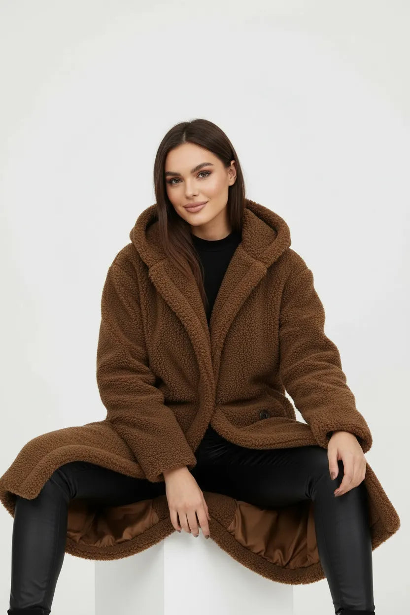 Women's Longline Fluffy Teddy Coat with Hood
