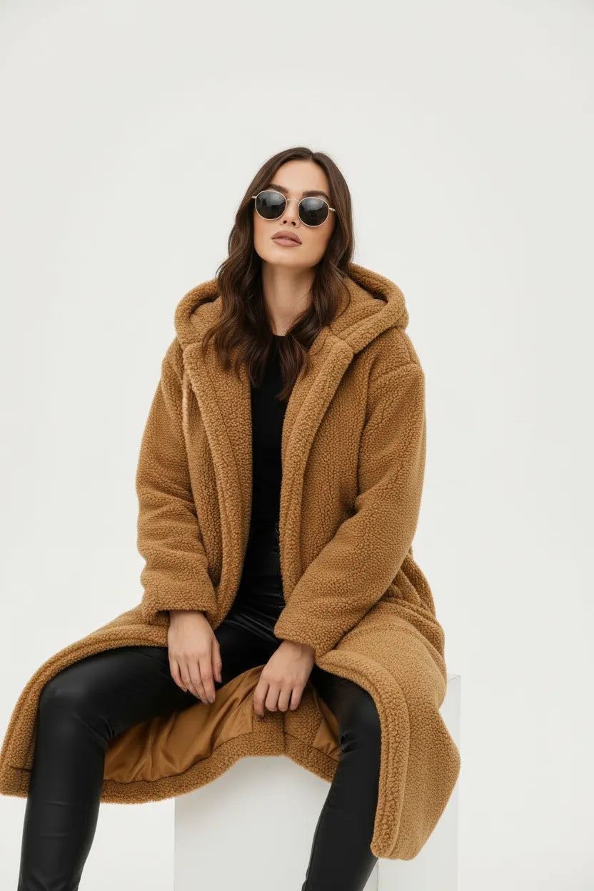 Women's Longline Fluffy Teddy Coat with Hood