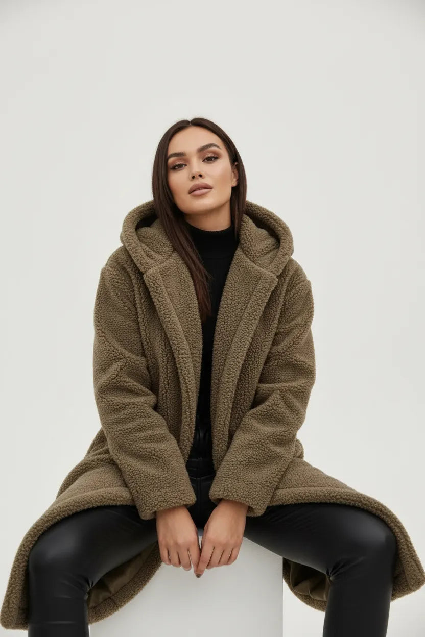 Women's Longline Fluffy Teddy Coat with Hood