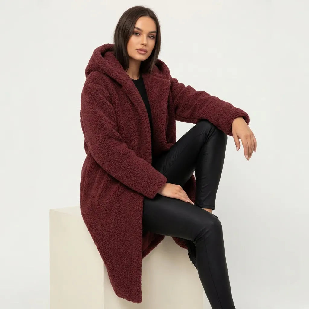 Women's Longline Fluffy Teddy Coat with Hood