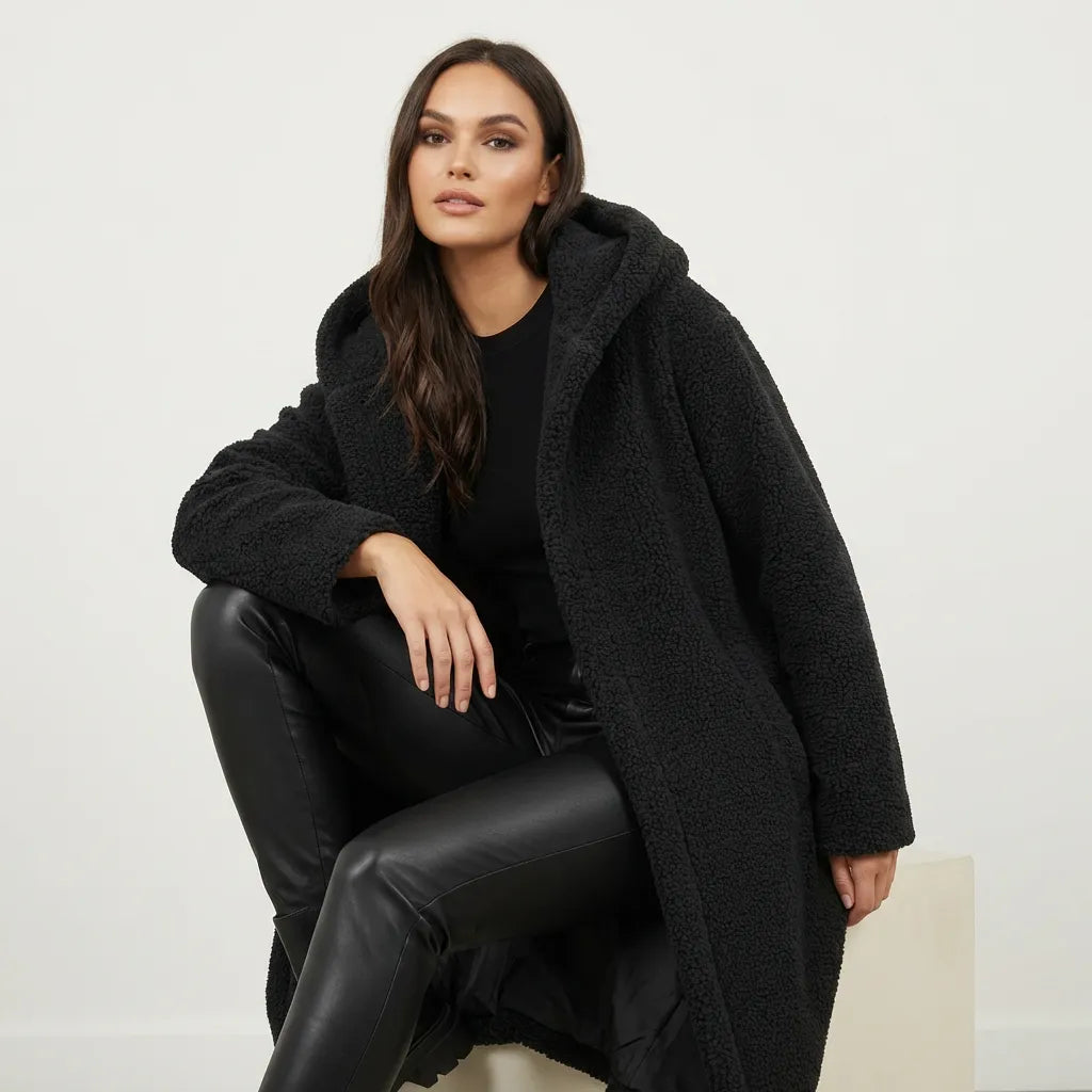 Women's Longline Fluffy Teddy Coat with Hood