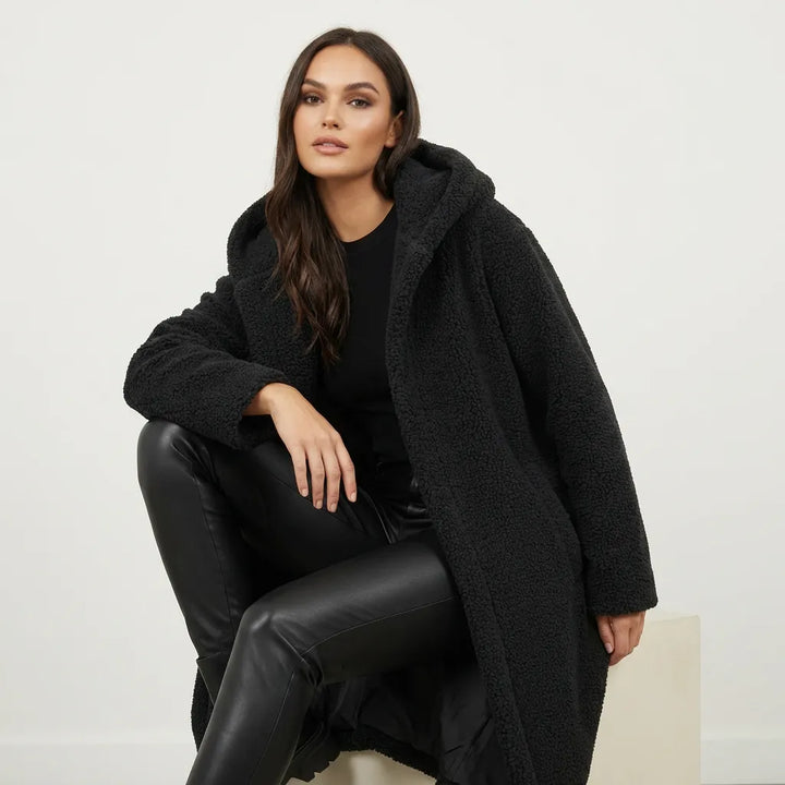 Women's Longline Fluffy Teddy Coat with Hood