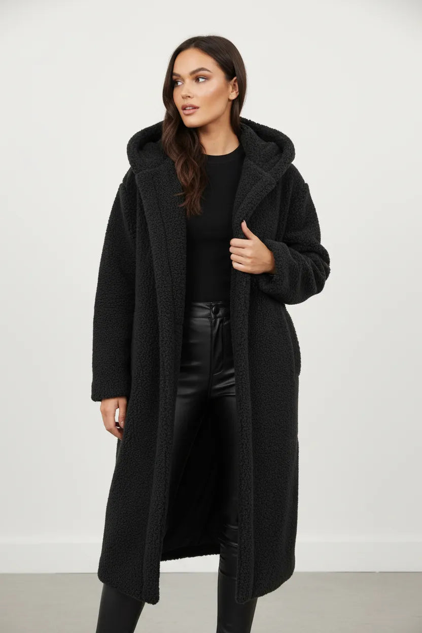 Women's Longline Fluffy Teddy Coat with Hood