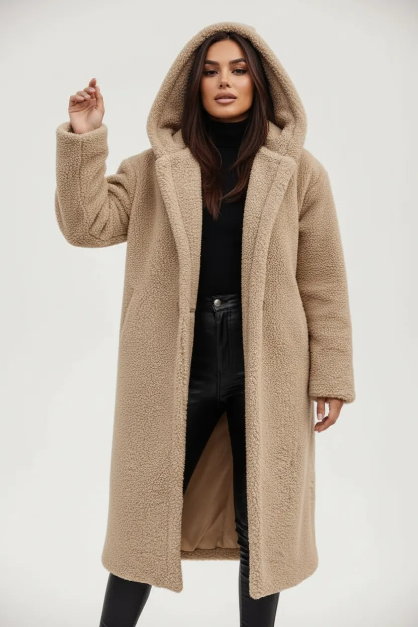 Women's Longline Fluffy Teddy Coat with Hood