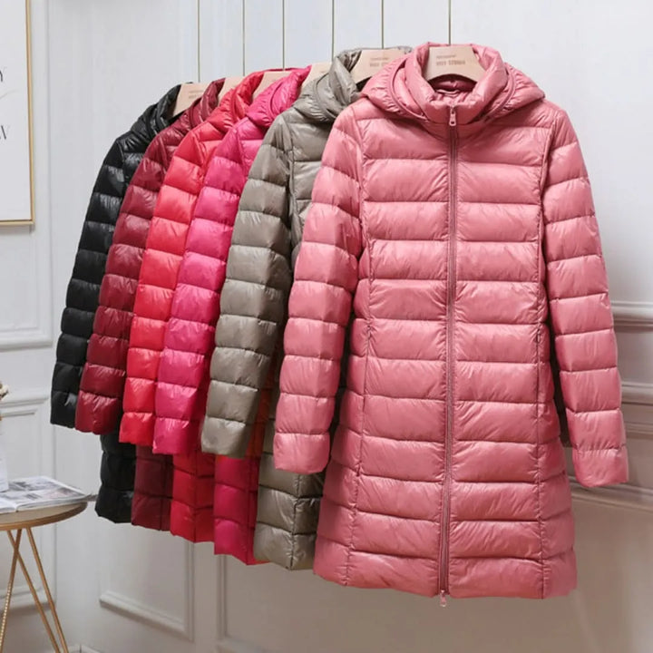 Women's Longline Puffer Winter Jacket with Hood and Zip Front
