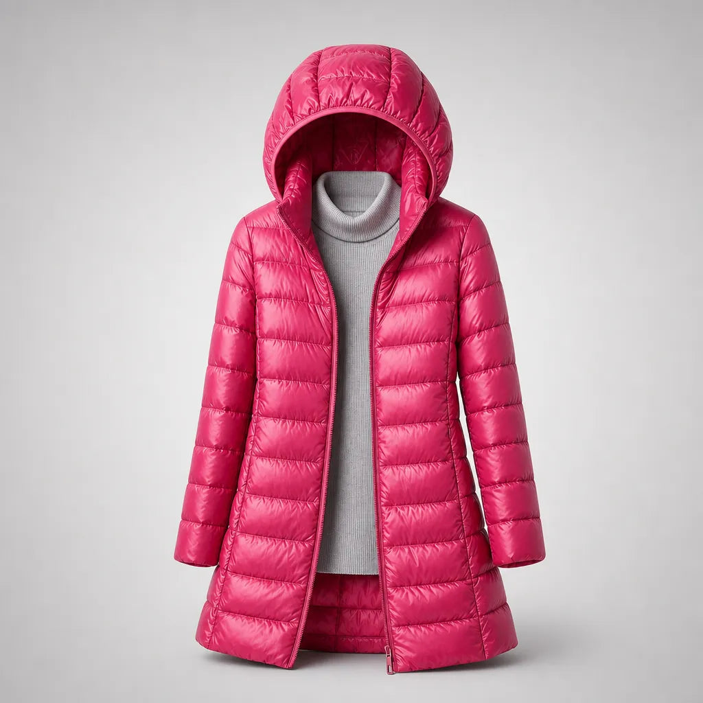 Women's Longline Puffer Winter Jacket with Hood and Zip Front