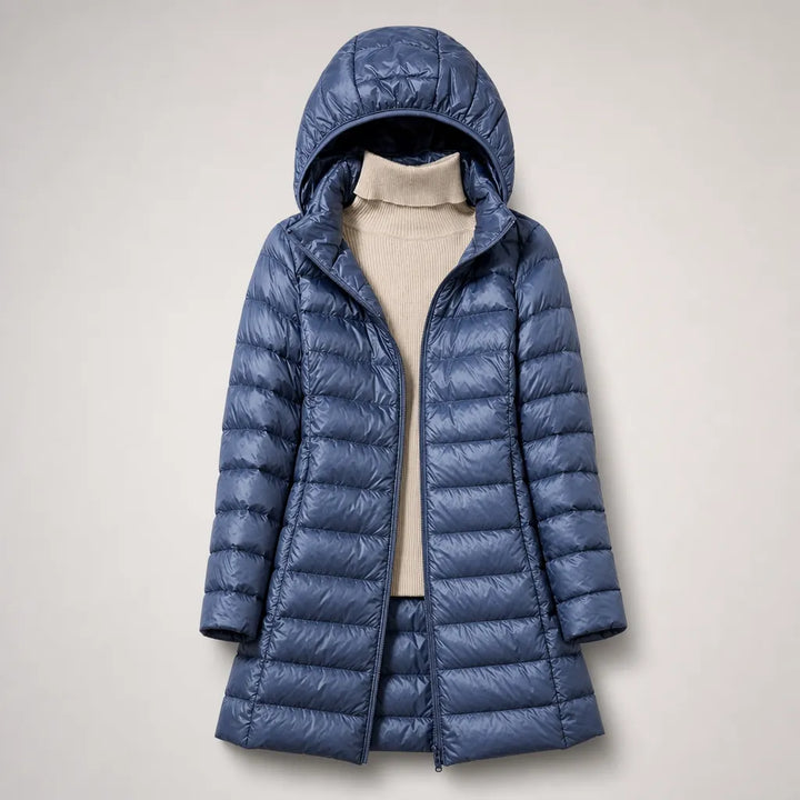 Women's Longline Puffer Winter Jacket with Hood and Zip Front