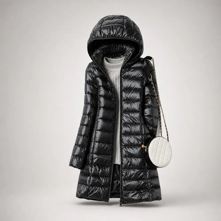 Women's Longline Puffer Winter Jacket with Hood and Zip Front