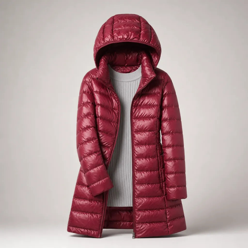 Women's Longline Puffer Winter Jacket with Hood and Zip Front