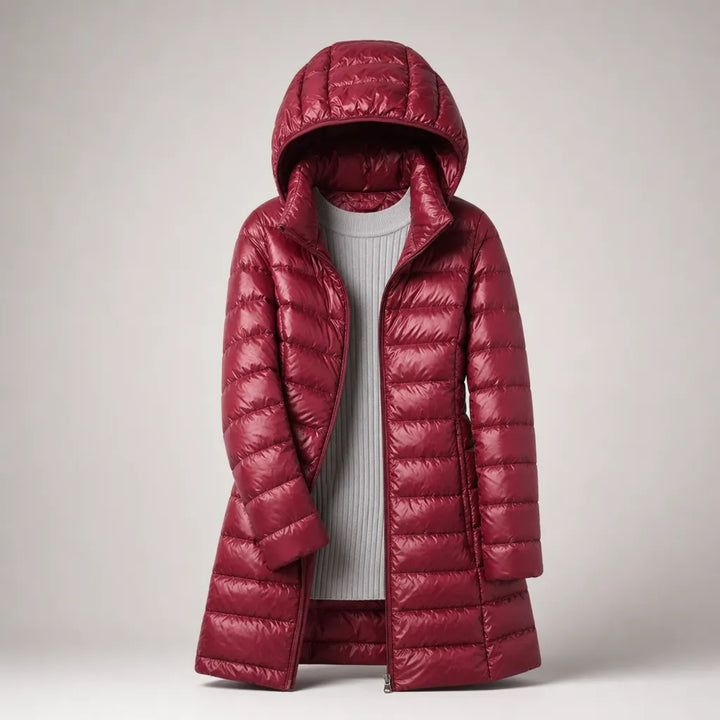 Women's Longline Puffer Winter Jacket with Hood and Zip Front