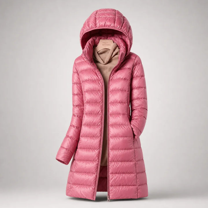 Women's Longline Puffer Winter Jacket with Hood and Zip Front
