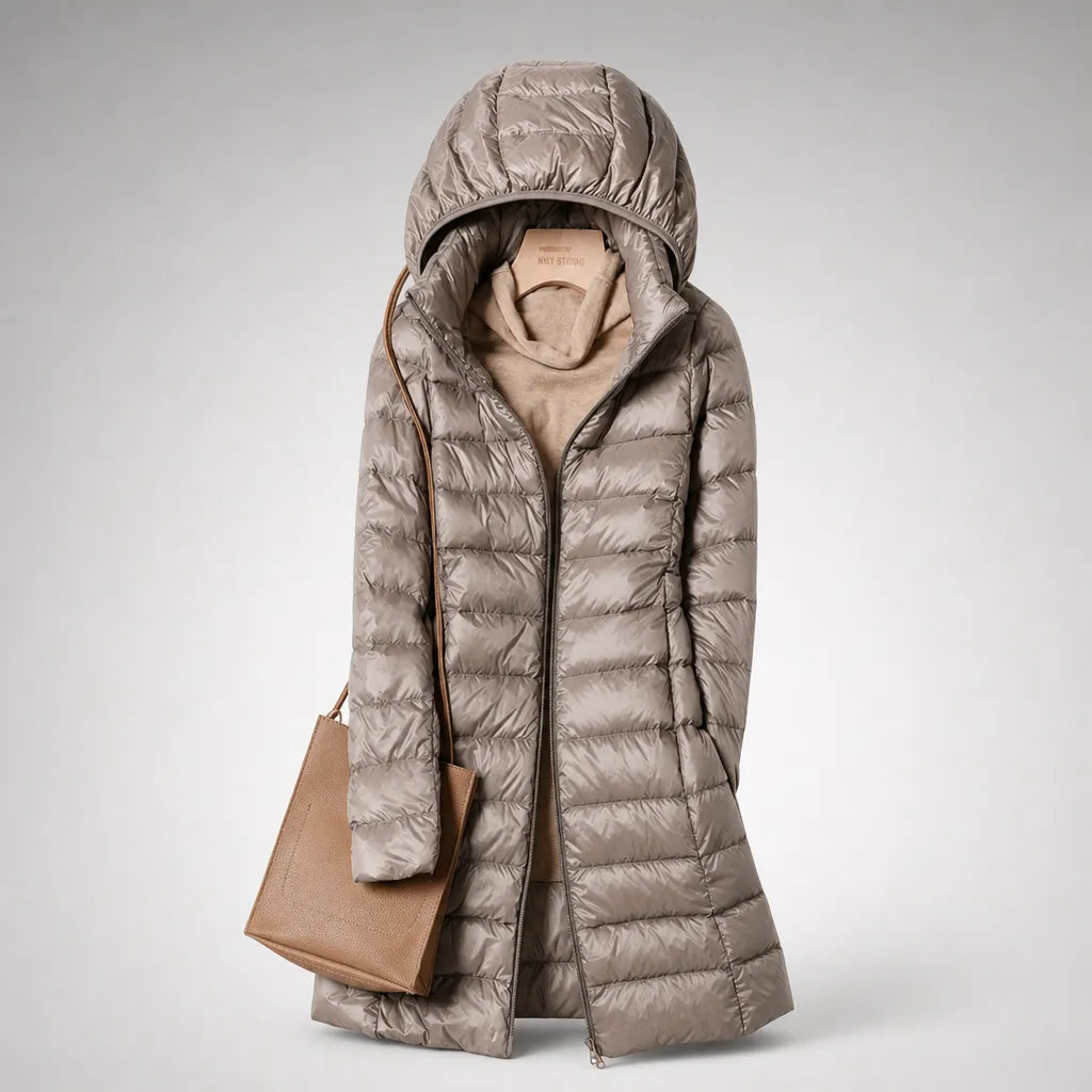 Women's Longline Puffer Winter Jacket with Hood and Zip Front
