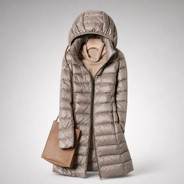 Women's Longline Puffer Winter Jacket with Hood and Zip Front