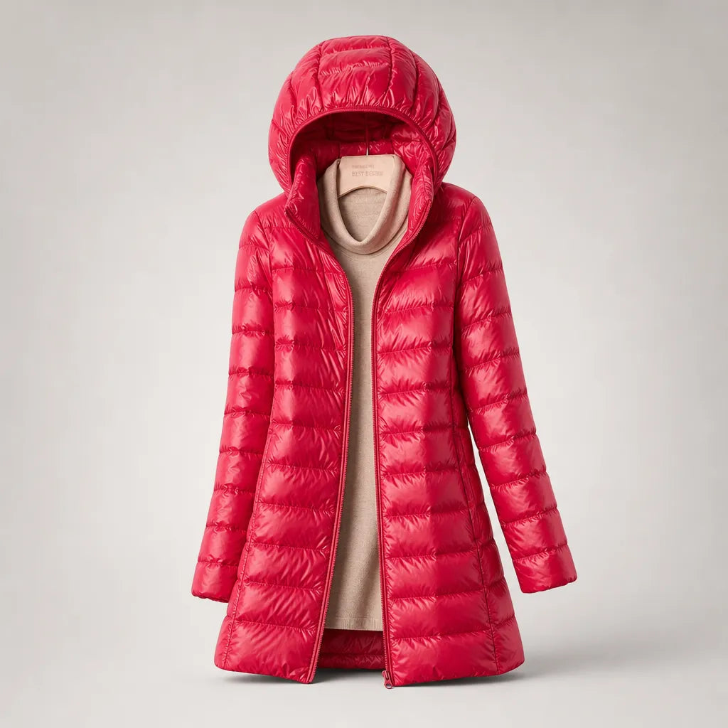 Women's Longline Puffer Winter Jacket with Hood and Zip Front
