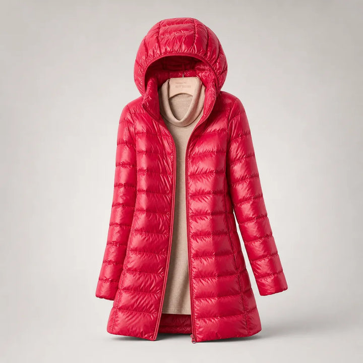 Women's Longline Puffer Winter Jacket with Hood and Zip Front