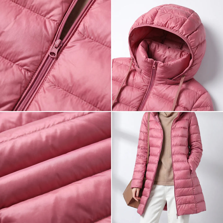 Women's Longline Puffer Winter Jacket with Hood and Zip Front