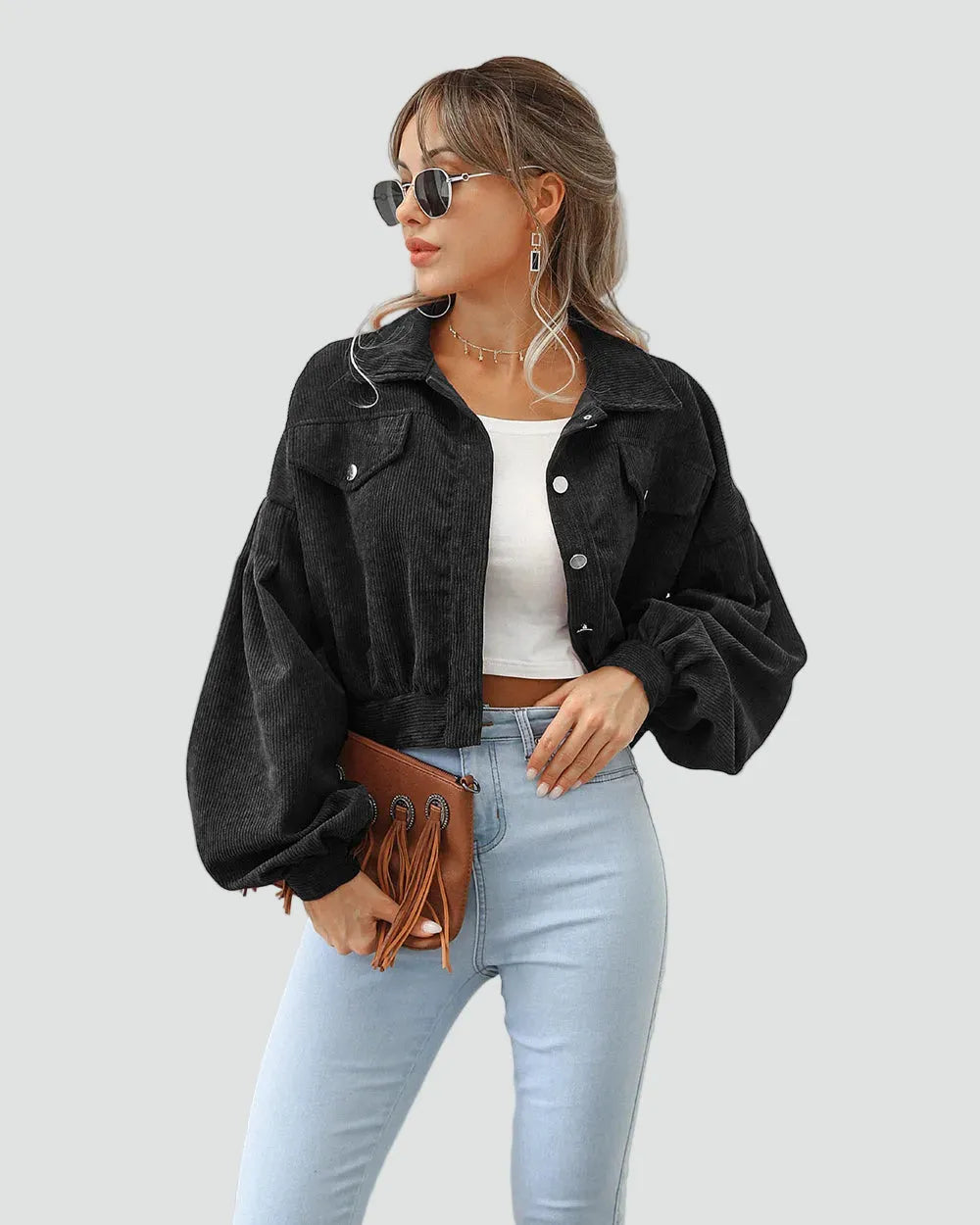 Women's Oversized Cropped Jacket with Button Closure