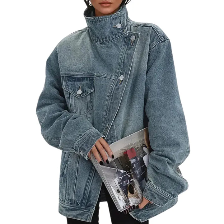 Women's Oversized Denim Jacket with Funnel Neck