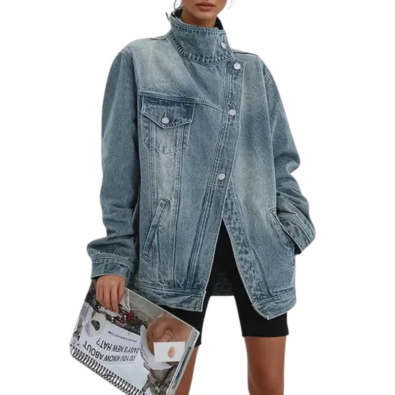 Women's Oversized Denim Jacket with Funnel Neck