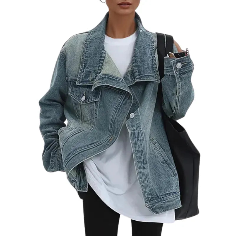 Women's Oversized Denim Jacket with Funnel Neck