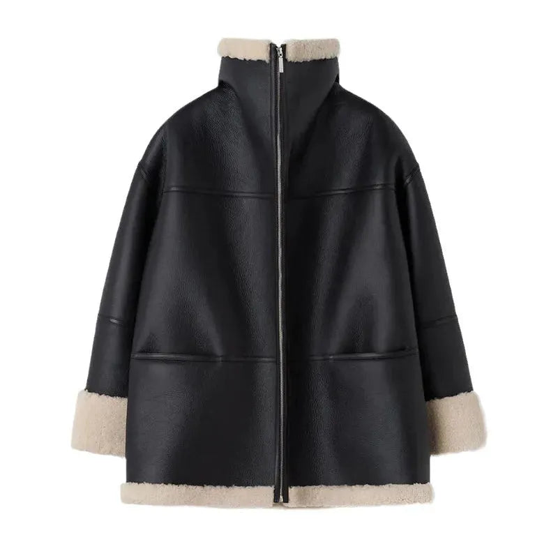 Women's Oversized Shearling Jacket with Zip-Up