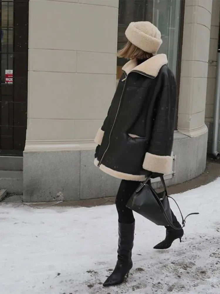 Women's Oversized Shearling Jacket with Zip-Up