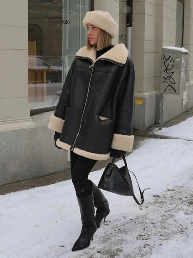Women's Oversized Shearling Jacket with Zip-Up
