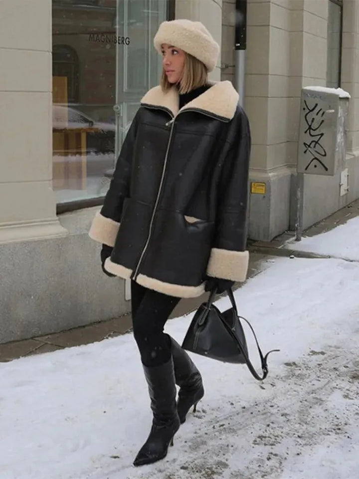 Women's Oversized Shearling Jacket with Zip-Up