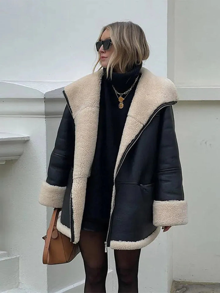 Women's Oversized Shearling Jacket with Zip-Up