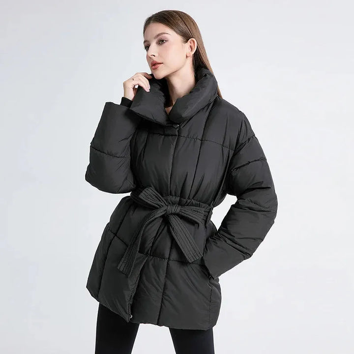 Women’s Padded Short Winter Jacket with Belted Waist