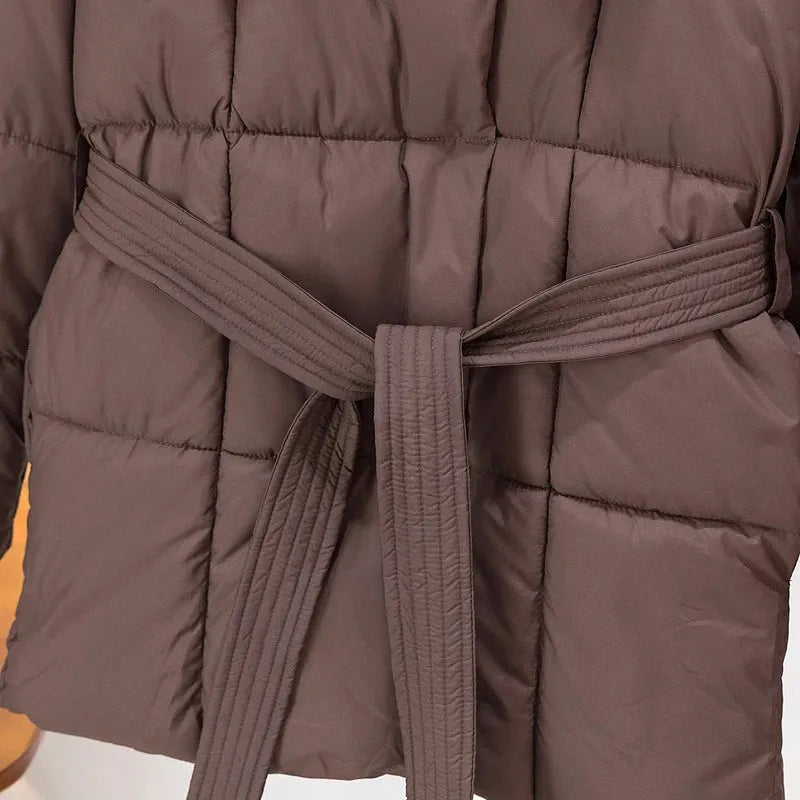 Women’s Padded Short Winter Jacket with Belted Waist