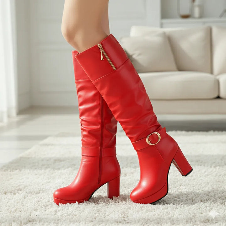Women's Platform Block Heel Knee High Boots with Side Zip