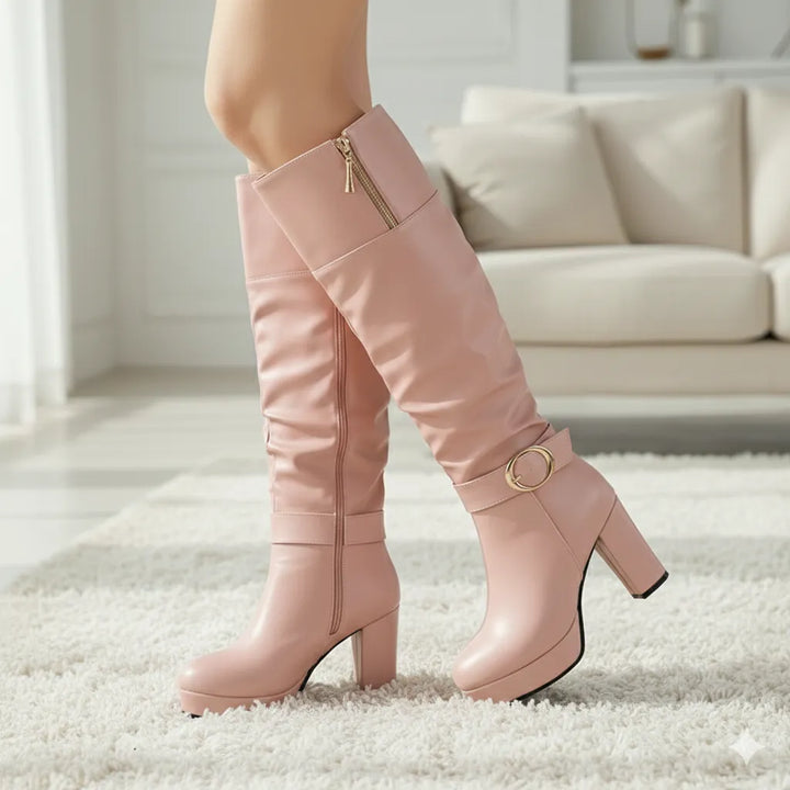 Women's Platform Block Heel Knee High Boots with Side Zip
