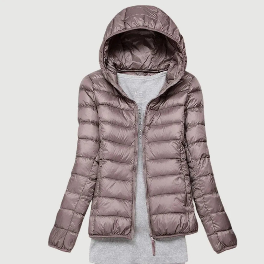 Women's Puffer Winter Jacket with Hood and Zip-Up