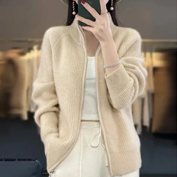 Women's Ribbed Casual Jacket with Funnel Neck