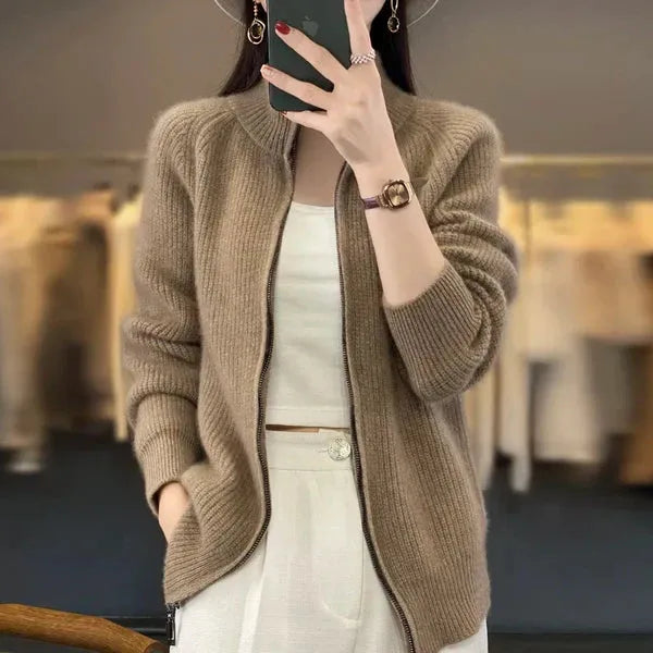 Women's Ribbed Casual Jacket with Funnel Neck