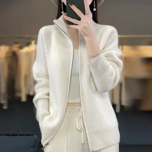 Women's Ribbed Casual Jacket with Funnel Neck