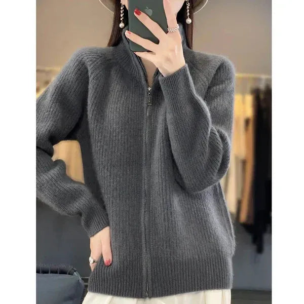 Women's Ribbed Casual Jacket with Funnel Neck